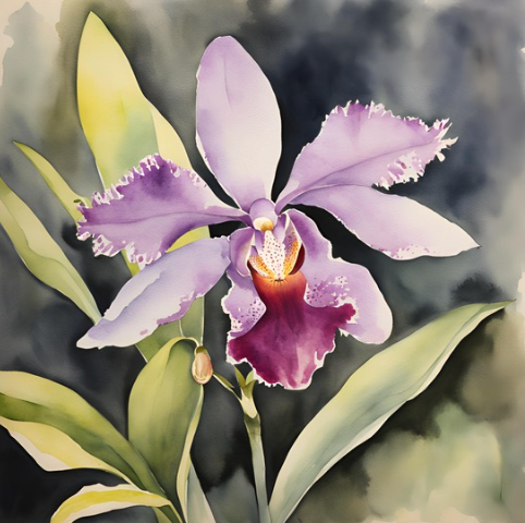 virtual watercolor painting of a purple orchid outdoors